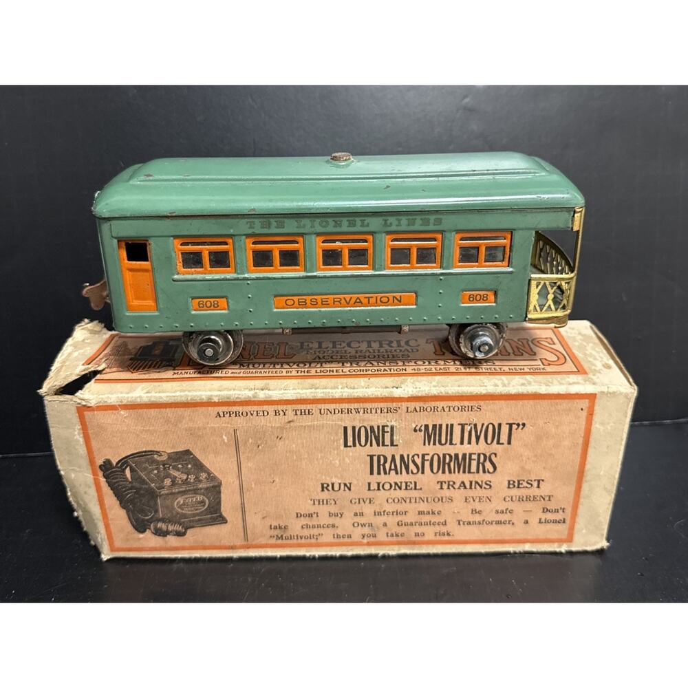 Prewar O Gauge Lionel No. 608 Observation Car Peacock Green Tin Box Rare Prewar